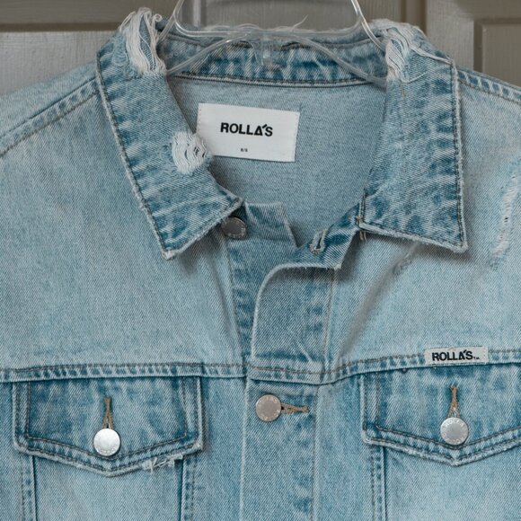 Rollas Denim Jacket Cropped Distressed Fray Hem Boxy Fit Destroyed Jean Coat - Picture 4 of 10